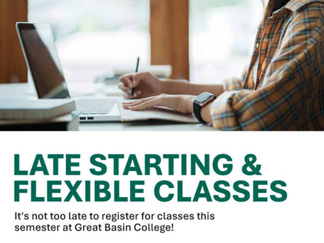 Late Starting and Flexible classes text information with photo of a man sitting at a desk with a laptop.