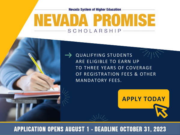 Student writing at desk and NV Promise scholarship logo and information.