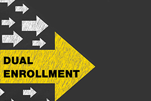 Dual enrollment title as text, large yellow arrow, smaller white arrows.