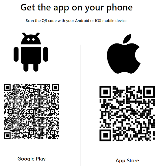 Android and Apple logos in black with QR codes to each App Store.