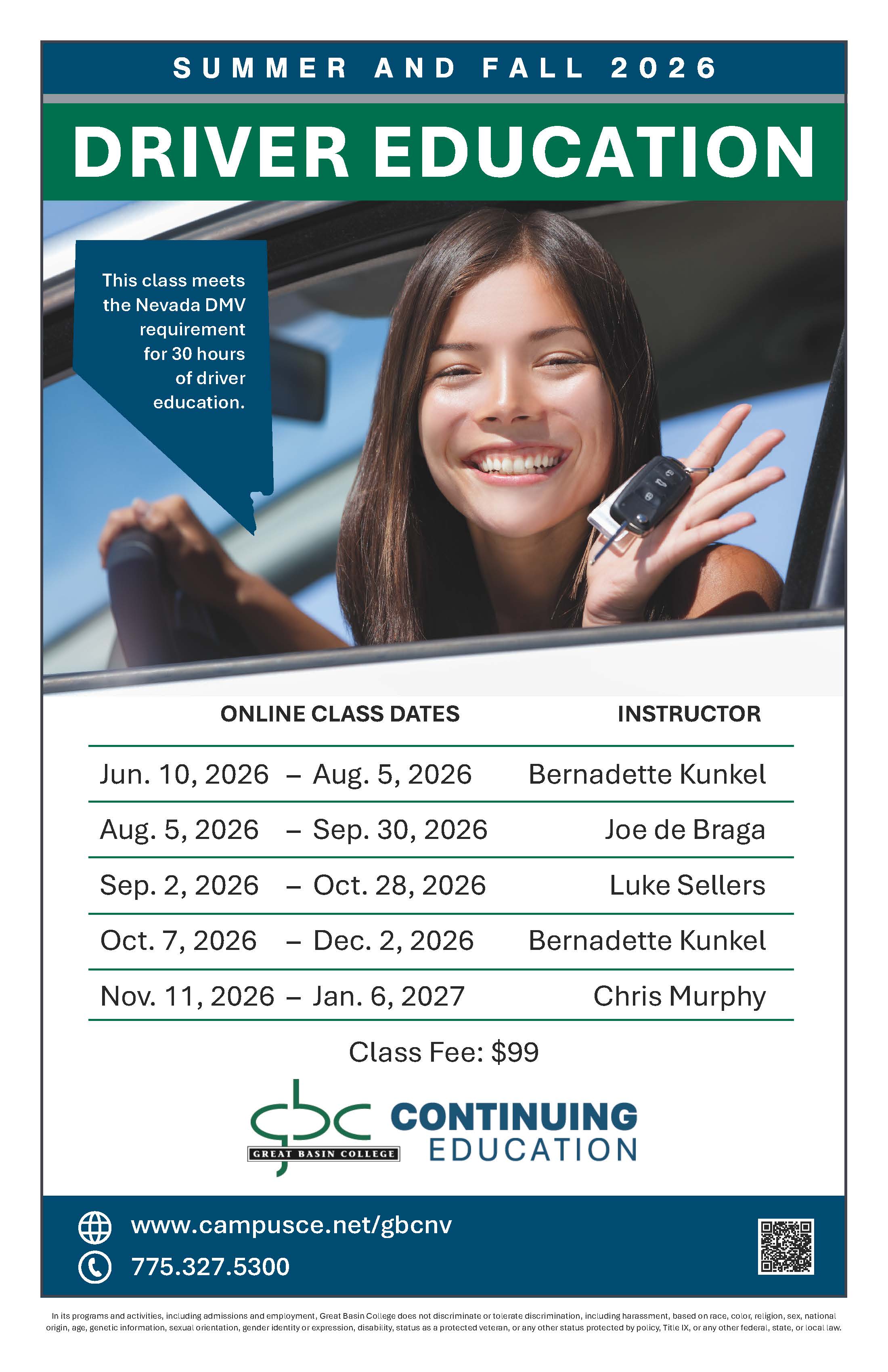 Young female driver in car holding car keys, with additional drivers education information.