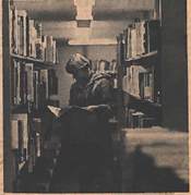 Old photo of student in the stacks graphic.