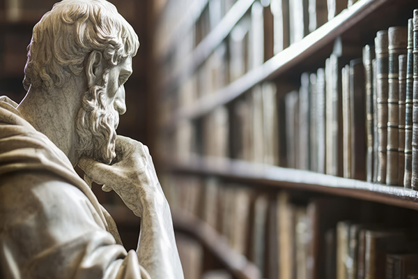 Statue of a philosopher and bookshelves full of books