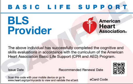 Basic Life Support card with information.