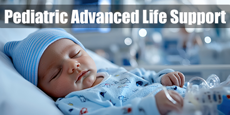 An infact rests in a hospital bed with text, Pediatric Advanced Life Support.